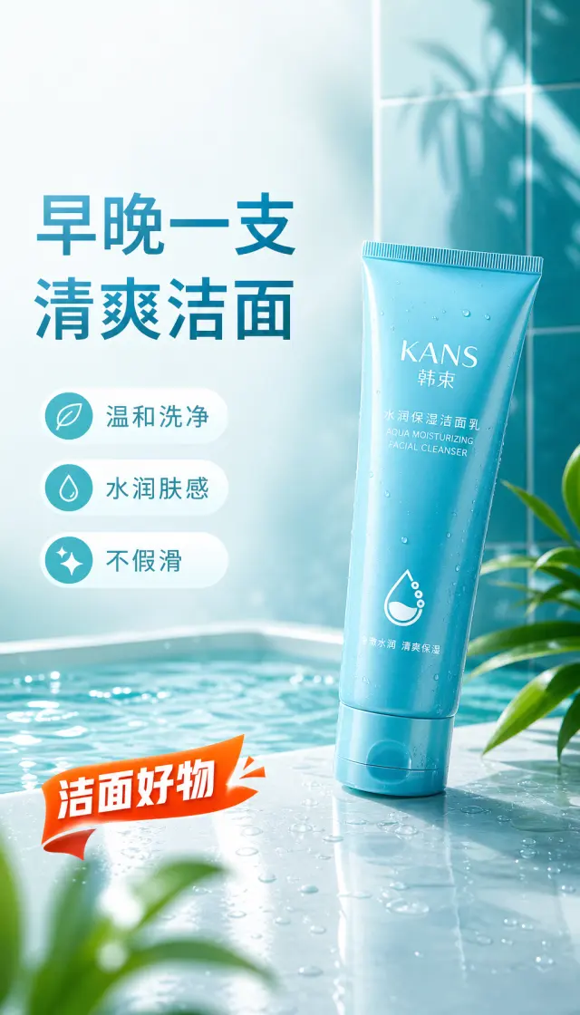 Platform: 淘宝爆款主图 / 中国电商促销风
Color Palette: Fresh aqua blue and deep teal base, white highlights, leaf green accents, energetic orange-red promotion labels, glossy water reflections.
Global Rules: Vertical 9:16, 1K, Chinese Taobao high-conversion e-commerce style, consistent bright clean lighting, glossy skincare freshness, keep the referenced cleanser tube shape/label/color unchanged, product must be the visual focus, leave clear negative space for large Simplified Chinese selling text, no extra product structure, no competitor logos, no exaggerated medical claims.

---

Create a vertical 9:16 lifestyle scene for the same referenced KANS aqua facial cleanser tube, product placed on a glossy bathroom vanity beside a shallow pool of clear water, with soft morning light, misty fresh atmosphere, teal ceramic tiles blurred in background, subtle green plant shadows, water droplets on the surface. Composition: product on right third, slightly angled 15 degrees, large negative space on upper left for text, fresh and gentle skincare mood but still Taobao promotional with bright color blocks. Render Simplified Chinese text on the left: large headline “早晚一支” and “清爽洁面”; smaller bullet labels in rounded aqua-white capsules: “温和洗净”, “水润肤感”, “不假滑”. Add a small red-orange sale ribbon near bottom left: “洁面好物”. Maintain consistent aqua/teal palette, clean glossy lighting, no additional skincare products or accessories, do not change product packaging.