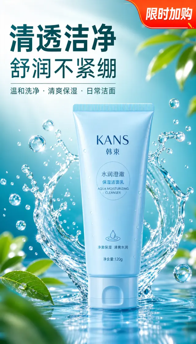 Platform: 淘宝爆款主图 / 中国电商促销风
Color Palette: Fresh aqua blue and deep teal base, white highlights, leaf green accents, energetic orange-red promotion labels, glossy water reflections.
Global Rules: Vertical 9:16, 1K, Chinese Taobao high-conversion e-commerce style, consistent bright clean lighting, glossy skincare freshness, keep the referenced cleanser tube shape/label/color unchanged, product must be the visual focus, leave clear negative space for large Simplified Chinese selling text, no extra product structure, no competitor logos, no exaggerated medical claims.

---

Create a vertical 9:16 Taobao hero main image for the referenced KANS light blue facial cleanser tube, preserving the exact product appearance from the reference. Place the cleanser large and centered slightly lower, upright, with a dynamic transparent water splash wrapping behind the tube, floating bubbles, glossy wet reflection on the bottom, soft blurred green leaves at corners, deep teal-to-aqua gradient background. Bright commercial studio lighting, crisp highlights, high saturation, premium skincare freshness. Add high-impact Simplified Chinese typography in the upper left negative space: large headline “清透洁净” and second line “舒润不紧绷”; smaller subcopy below “温和洗净 · 清爽保湿 · 日常洁面”. Add an orange-red Taobao promo corner tag at top right with white text “限时加购”. Keep the product unobstructed, title area clean, mobile-first bold layout.
