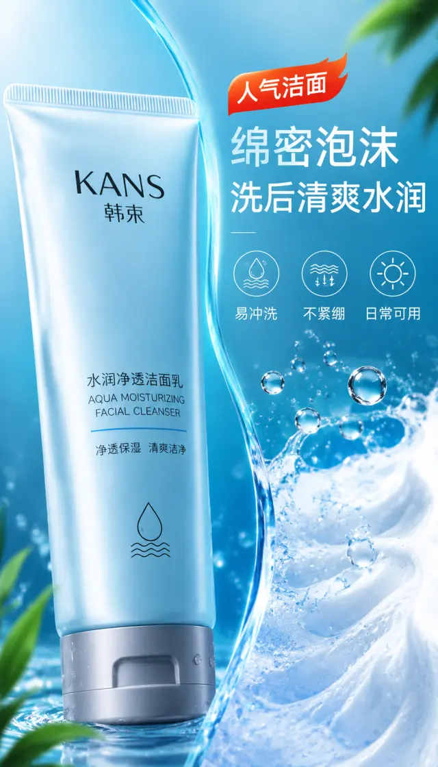 Platform: 淘宝爆款主图 / 中国电商促销风
Color Palette: Fresh aqua blue and deep teal base, white highlights, leaf green accents, energetic orange-red promotion labels, glossy water reflections.
Global Rules: Vertical 9:16, 1K, Chinese Taobao high-conversion e-commerce style, consistent bright clean lighting, glossy skincare freshness, keep the referenced cleanser tube shape/label/color unchanged, product must be the visual focus, leave clear negative space for large Simplified Chinese selling text, no extra product structure, no competitor logos, no exaggerated medical claims.

---

Create a vertical 9:16 feature close-up marketing image for the referenced KANS light blue facial cleanser. Show the tube enlarged on the left side, cropped slightly to emphasize the cap and front label, while the right side contains a macro visual of creamy white cleansing foam and clear water droplets suspended in an aqua-blue environment. Use a split composition with soft curved translucent water wave graphics, high clarity, glossy commercial lighting, fresh clean feeling. Leave upper right negative space for bold Simplified Chinese feature text: headline “绵密泡沫” and subheadline “洗后清爽水润”; include three small icon-style text badges below: “易冲洗”, “不紧绷”, “日常可用”. Add a red-orange Taobao style badge near the headline reading “人气洁面”. Keep the same product color and logo as reference, no new accessories, no exaggerated before-after effects, no medical or whitening claims.