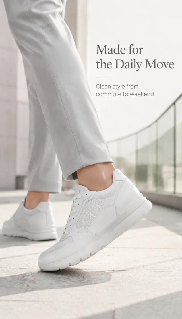 Platform: Amazon 高奢编辑级营销 banner
Color Palette: Porcelain white, soft warm gray, pearl highlights, subtle silver shadows, and clean editorial neutrals.
Global Rules: Vertical 9:16, 2K clarity, Amazon luxury editorial banner aesthetic, consistent soft studio lighting, premium negative space for titles, preserve the exact sneaker silhouette, construction, white color, mesh-leather material mix, lace layout, stitching, sole shape, and all visible brand-identifying details from the reference images; no added accessories, no competing logos, no exaggerated performance claims.

---

Vertical 9:16, 2K luxury lifestyle scene for Amazon premium banner. Show the exact white sneakers being worn in a clean modern urban walkway setting, cropped from mid-calf down only, neutral tailored pants in light gray, no visible logos, no extra accessories. Composition places the walking foot in the lower half with large negative space on the upper right for text. Background softly blurred with pale stone, glass, and warm daylight reflections, maintaining a white-gray palette. Lighting is natural but polished, editorial, airy, and high-end. Render English headline on the upper right: 'Made for the Daily Move' with sub copy 'Clean style from commute to weekend'. Preserve the exact sneaker design, proportions, materials, and white color.
