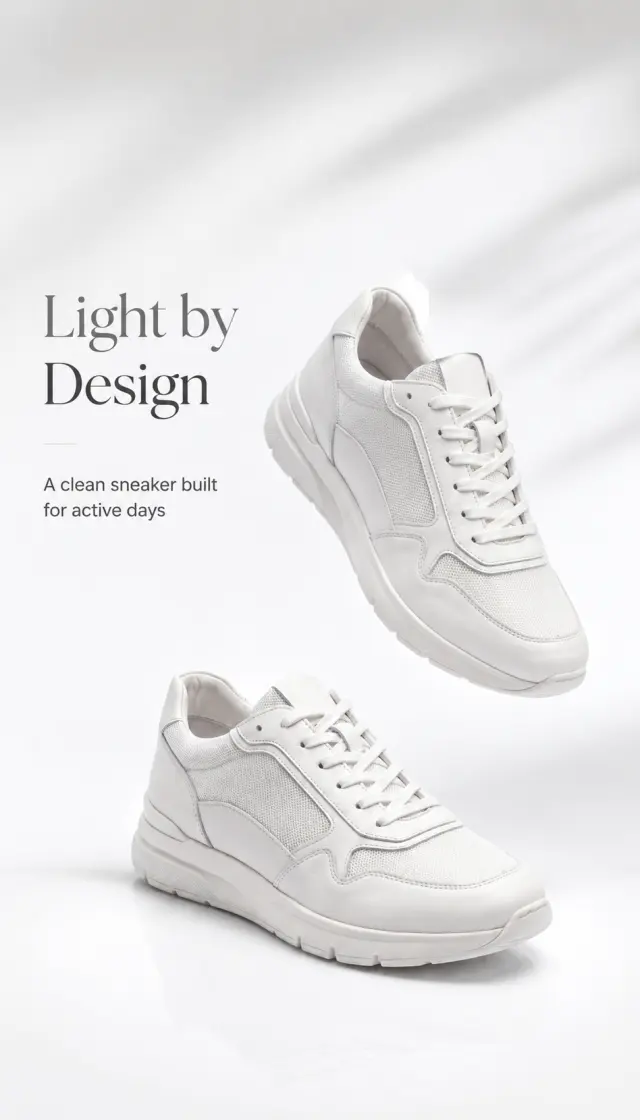 Platform: Amazon 高奢编辑级营销 banner
Color Palette: Porcelain white, soft warm gray, pearl highlights, subtle silver shadows, and clean editorial neutrals.
Global Rules: Vertical 9:16, 2K clarity, Amazon luxury editorial banner aesthetic, consistent soft studio lighting, premium negative space for titles, preserve the exact sneaker silhouette, construction, white color, mesh-leather material mix, lace layout, stitching, sole shape, and all visible brand-identifying details from the reference images; no added accessories, no competing logos, no exaggerated performance claims.

---

Vertical 9:16, 2K Amazon luxury banner. Create a clean floating studio composition where one exact white sneaker appears gently suspended at a diagonal angle, with the second shoe softly grounded below, both matching the reference perfectly. Use an airy porcelain-white background with faint motion-like shadow gradients, no visible suspension tools, no extra objects. Leave large negative space on the left side. Render English text on the left: 'Light by Design' with sub copy 'A clean sneaker built for active days'. Lighting is bright, refined, and premium with soft highlights on mesh and leather. Preserve exact silhouette, panel placement, lace structure, stitching, sole shape, and white material finish.
