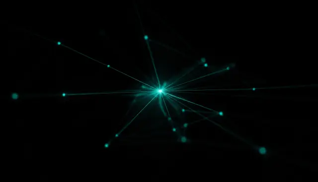 Ultra-minimal dark tech scene, pure black background, a sparse 3D network of thin glowing teal-mint (#50e3c2) light lines and small luminous nodes converging toward one bright central hub, subtle volumetric
  fog, shallow depth of field, lots of negative space, premium enterprise aesthetic, cinematic lighting, 8k photorealistic render, Vercel/Linear minimalism