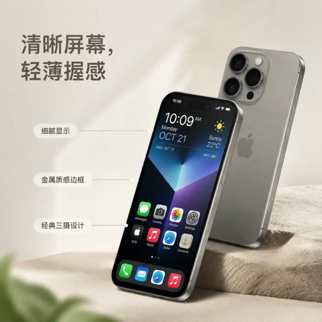 Platform: 小红书 / Pinterest 产品 mockup 海报
Color Palette: Warm cream, soft beige, greige titanium, muted sage, gentle sky blue accents, clean white highlights
Global Rules: Square 1:1 1K ecommerce mockup poster set, Xiaohongshu and Pinterest aesthetic, consistent soft natural daylight, creamy Morandi background, refined minimal props, premium tech mood, keep the phone appearance, color, camera layout, screen details and body proportions highly consistent with the uploaded references, leave elegant negative space for Simplified Chinese typography, no extra accessories attached to the phone, no competitor logos, no exaggerated claims

---

Create a feature-focused ecommerce poster for the referenced iPhone, square 1:1, 1K clarity, consistent warm cream and greige Morandi palette. Use the uploaded references to preserve the exact product appearance, titanium gray color, camera arrangement, screen style, side buttons and slim flat-edge body. Composition: dynamic diagonal layout with one phone angled from lower right showing the front screen, and a second phone behind it showing the rear camera area, creating depth while leaving clean negative space on the left and top. Scene: soft beige studio surface with subtle paper texture, gentle natural daylight, refined Pinterest mockup mood. Highlight the key perceived features visually with subtle thin callout lines, not cluttered. Required Simplified Chinese on-image text: main headline “清晰屏幕，轻薄握感”; three small callout labels “细腻显示”, “金属质感边框”, “经典三摄设计”. Typography: clean modern Chinese sans-serif, small rounded label chips in translucent cream white, warm gray lettering. Keep the product realistic and premium, no added phone case, no charger, no earphones, no competing logos, no exaggerated performance claims.