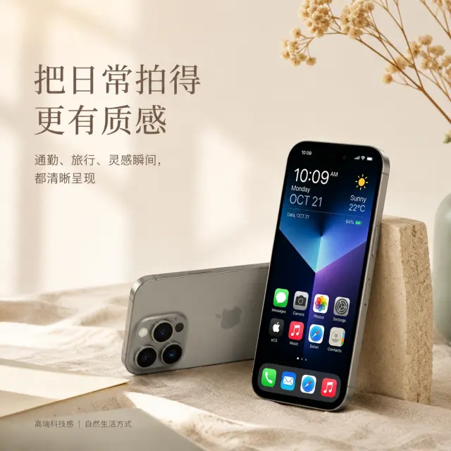Platform: 小红书 / Pinterest 产品 mockup 海报
Color Palette: Warm cream, soft beige, greige titanium, muted sage, gentle sky blue accents, clean white highlights
Global Rules: Square 1:1 1K ecommerce mockup poster set, Xiaohongshu and Pinterest aesthetic, consistent soft natural daylight, creamy Morandi background, refined minimal props, premium tech mood, keep the phone appearance, color, camera layout, screen details and body proportions highly consistent with the uploaded references, leave elegant negative space for Simplified Chinese typography, no extra accessories attached to the phone, no competitor logos, no exaggerated claims

---

Create a lifestyle marketing poster for the referenced iPhone, square 1:1, 1K clarity, Xiaohongshu seed-style visual. Preserve the exact referenced phone design, color, camera module, screen details and body proportions. Scene: calm morning desk setup in warm cream, beige and muted sage tones, with the phone placed upright leaning naturally against a simple matte stone block, front screen visible, and a second rear-view phone lying slightly behind to reveal the camera design. Add soft lifestyle props only in the environment: linen texture, a small dried flower stem, a neutral notebook edge, all minimal and refined, never attached to the product. Lighting: gentle window light with soft shadows, airy healing atmosphere, premium but approachable. Composition: product on the lower right third, large negative space on the upper left for poster copy. Add Simplified Chinese text: headline “把日常拍得更有质感”; sub copy “通勤、旅行、灵感瞬间，都清晰呈现”; small footer tag “高端科技感｜自然生活方式”. Use elegant Chinese typography, warm taupe color, balanced spacing, no English text, no price tag, no competitor logo, no exaggerated claims.