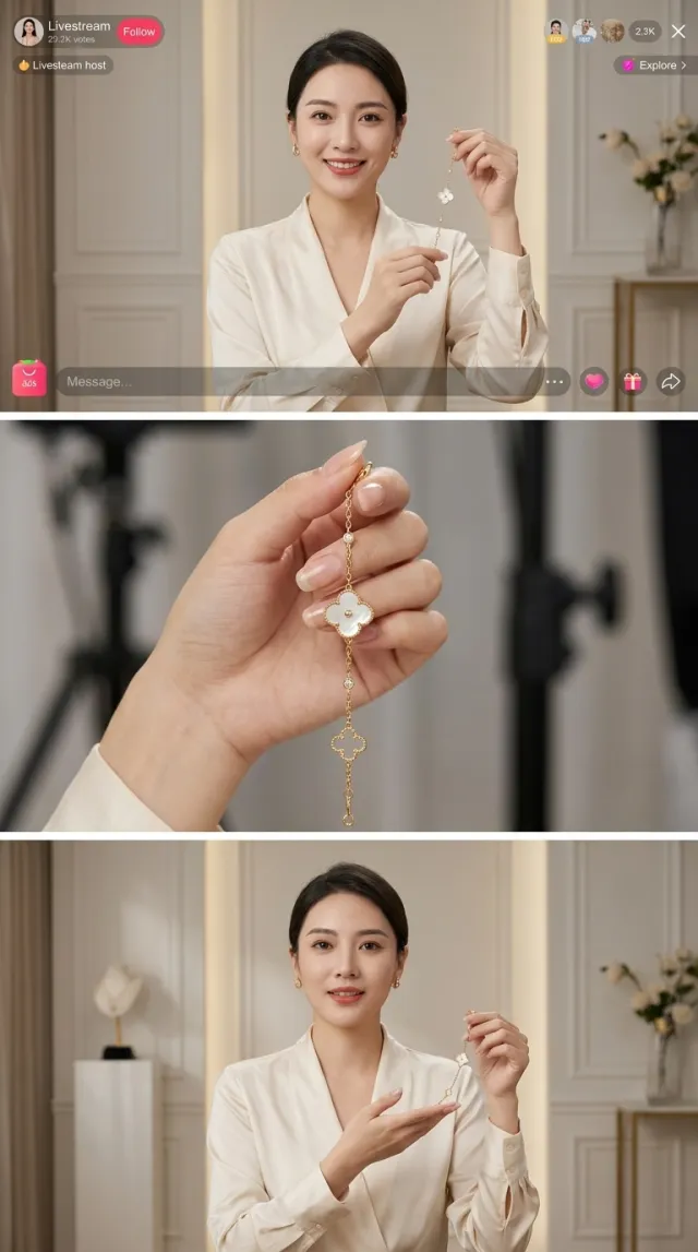Vertical portrait 9:16 aspect ratio, a multi-panel storyboard image with 3 panels stacked vertically. Panel 1: A professional female livestream host holding a delicate 18K gold bracelet with a white mother-of-pearl four-leaf clover pendant and small diamonds, smiling at the camera in a well-lit studio. Panel 2: Close-up of the host's hand gently turning the bracelet to show its luxurious shine and intricate details. Panel 3: The host looking confidently at the camera, gesturing towards the bracelet. High quality, realistic, livestream style, elegant and premium atmosphere.
