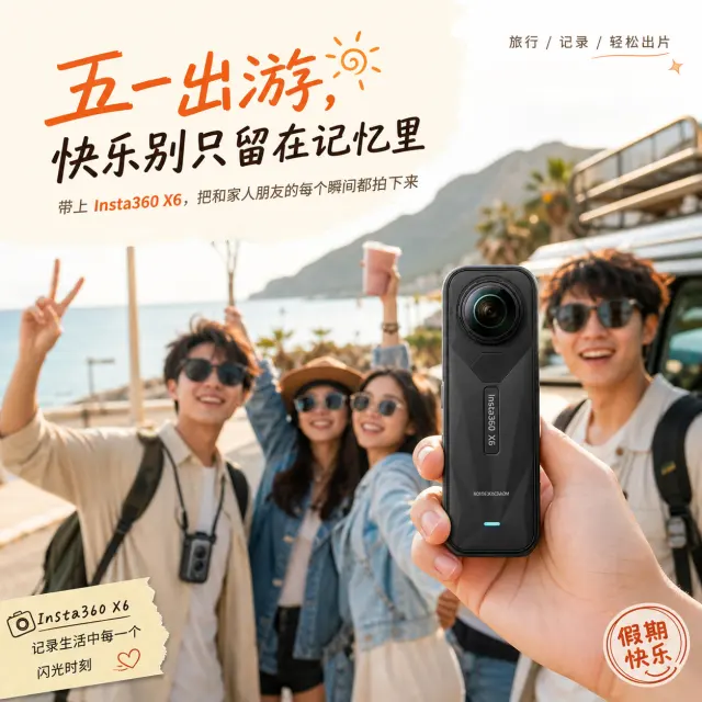 给这个3C产品出一个适配小红书的真人感种草的海报图。目的是引导大家可以在即将到来的51假期，出游旅行时可用这个记录自己和家人朋友。主副标题自定义！