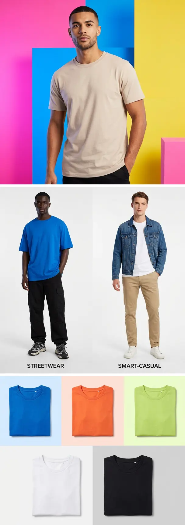 (Top-down long composition, 9:25 aspect ratio, high-end e-commerce photography style, 8k resolution, ultra-detailed fabric texture)

[Main Visual - Hero Shot]: A high-fashion minimalist studio setting with vibrant, color-blocked geometric background elements. A stylish male model wearing a premium-quality cotton crew-neck T-shirt, showcasing the natural drape and soft-touch fabric texture.

[Diversity & Styling Section]: Split-screen layout featuring two male models, one with deep ebony skin and one with fair skin, both wearing the T-shirt in different colorways. The styling is versatile and trendy: Model A paired with oversized cargo pants and sneakers for a streetwear look; Model B paired with slim-fit chinos and a denim jacket for a smart-casual aesthetic.

[Color Palette Showcase]: A clean, organized grid display featuring the T-shirt in 5 vivid, saturated colorways: Electric Blue, Sunset Orange, Lime Green, Crisp White, and Jet Black. Each shirt is neatly folded or displayed on a ghost mannequin to highlight the precise stitching and high-quality collar detail.

[Atmosphere & Lighting]: Bright, soft studio lighting with subtle rim lights to accentuate the silhouette. The color palette is energetic and lively, using pastel and neon accents in the background to make the apparel pop. 

[Technical Specs]: Professional product photography, shot on 85mm lens, sharp focus on fabric weave, clean edges, commercial editorial style, minimalist aesthetic, high-contrast, vibrant color grading, cinematic depth of field, suitable for TikTok shop long-form product page.