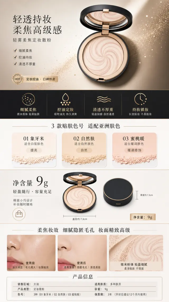 给这个散粉生成一张完整的适配京东的电商详情页长图，销售区域大陆，3种色号，9g容量。容量配色轻奢高级，贴合品牌。长图尺寸9:25