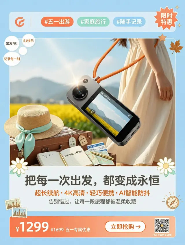 给这个3C产品出一个适配小红书的真人感种草的海报图。目的是引导大家可以在即将到来的51假期，出游旅行时可用这个记录自己和家人朋友。主副标题自定义！