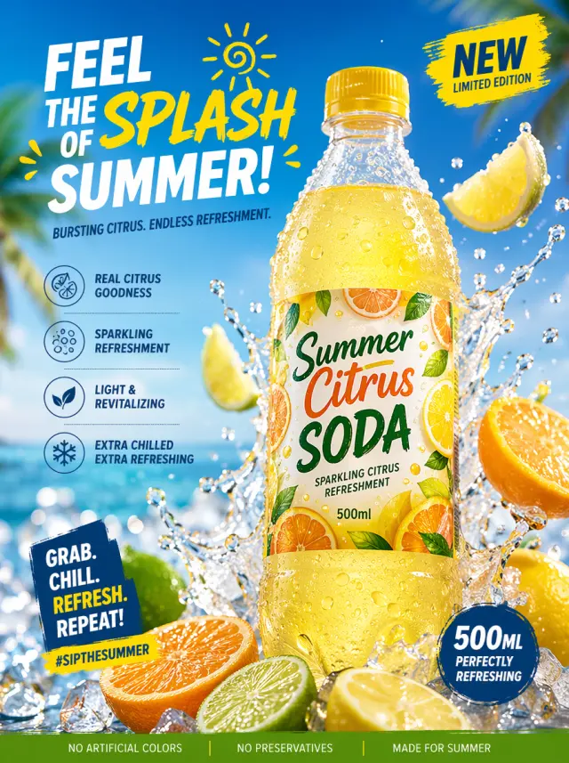 Image generation: Product advertising photo, Seasonal product suitable for summer, Carbonated beverage, Name="Summer Citrus SODA", Shape=500ml PET bottle, Design and generate image specifications after researching high CTA design as a beverage advertisement in 2025, Aspect ratio 3:4