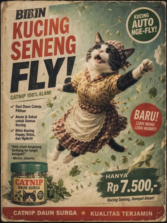 Ultra realistic vintage Indonesian catnip advertisement poster, retro 1970s paper texture, distressed print, faded colors. A black-and-white tuxedo cat wearing cute vintage housewife clothes floating happily in the air after smelling catnip, euphoric expression, swirling catnip leaves, absurd Indonesian meme energy. Bold retro typography: “BIKIN KUCING SENENG FLY!” fake catnip jar product, old-school badges, price tag, nostalgic warung advertisement aesthetic, cinematic lighting, grain, scratches, authentic aged poster look.