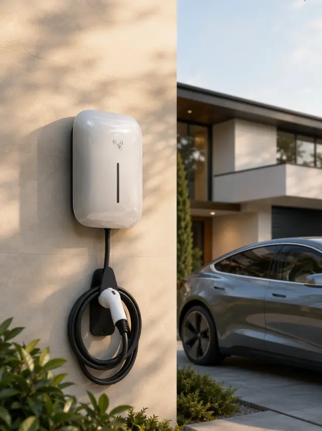 Create a 3:4 portrait e-commerce marketing poster using the provided product reference images, preserving the exact identity, proportions, surface finish, front details, cable, and charging gun of the wall-mounted EV charger. Scene & background: a premium modern villa exterior with a refined light stone or warm neutral facade, landscaped driveway, subtle greenery, and a stylish electric vehicle parked beside the wall, clearly suggesting a real home charging scenario. Mount the charger securely on the villa wall, with the black cable neatly routed downward and the charging gun naturally resting on a practical hook below the unit. Composition & layout: make the charger the unmistakable hero and occupy approximately one-third of the main image, positioned slightly left or right of center with enough surrounding context; keep the vehicle secondary and partially angled in the lower background, attractive but not dominant. Use a clean, spacious composition with generous negative space in the upper area for a future headline, but render no text, captions, labels, measurements, or promotional graphics. Lighting setup: sophisticated editorial architectural lighting, soft late-afternoon sunlight, gentle wall shadows, controlled highlights on the product, realistic reflections, and subtle cinematic depth of field. Color palette & mood: warm ivory, beige, charcoal black, muted green, and restrained cool-blue accents, conveying premium, safe, intelligent, and modern home energy. Marketing design cues: polished Amazon-quality commercial styling, realistic scale, uncluttered scene, strong product contrast, natural perspective, and visual hierarchy. photorealistic, sharp focus, high detail, 8k, commercial poster design, marketing visual